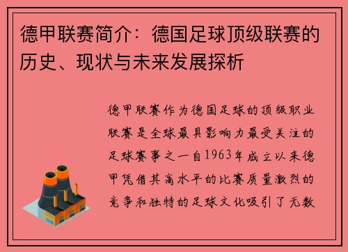 德甲联赛简介：德国足球顶级联赛的历史、现状与未来发展探析